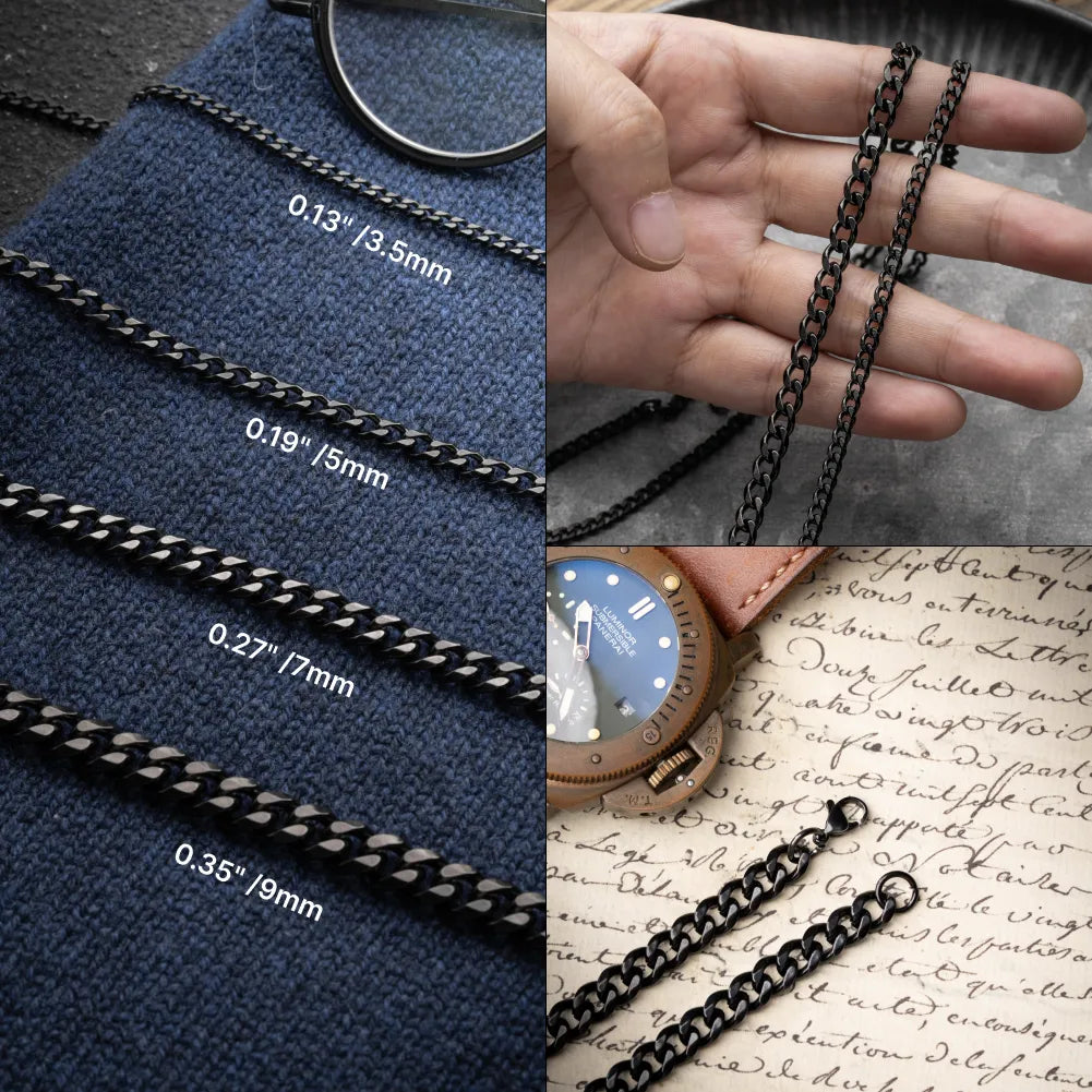 Black Cuban chain width comparison: 3.5, 5, 7 and 9 mm, with clasp details