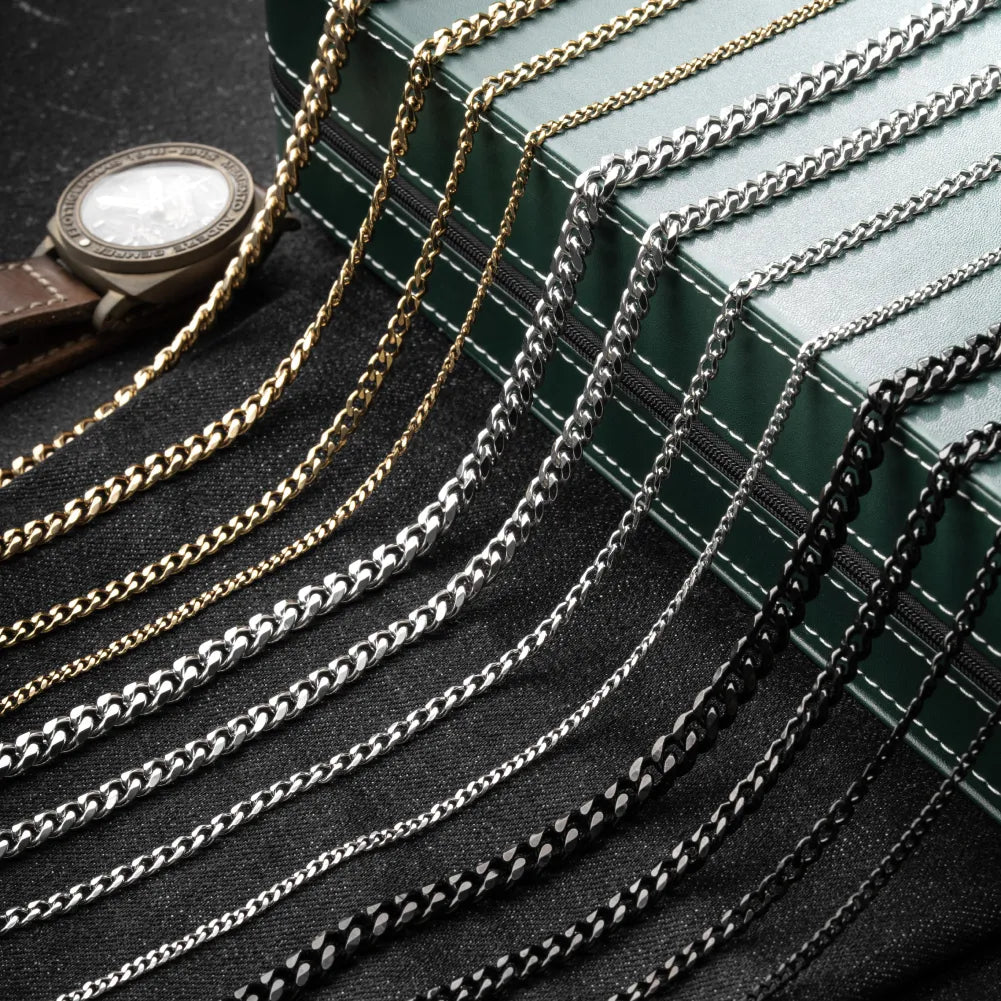Stainless steel Cuban chain necklaces in original color, black and gold color, shown in four widths