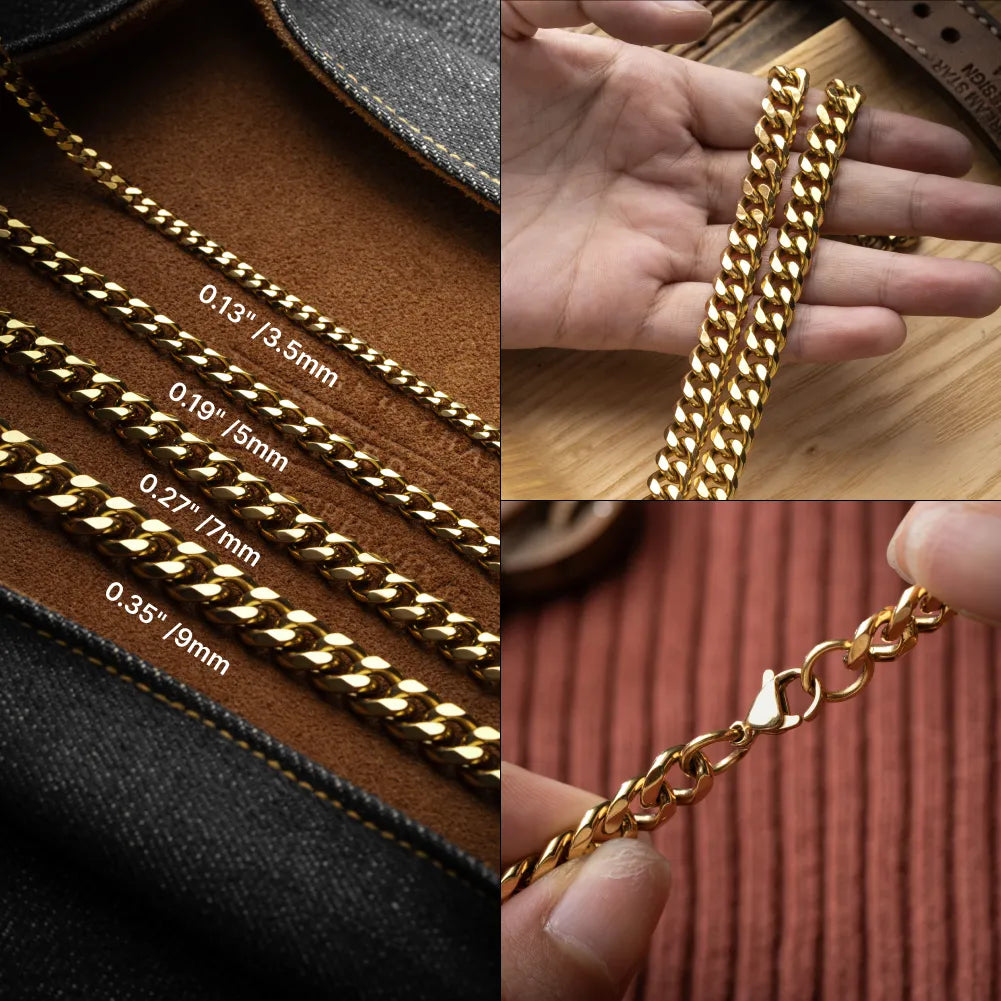 Gold-color Cuban chain width comparison: 3.5, 5, 7 and 9 mm, with link details