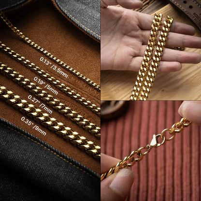 Gold-color Cuban chain width comparison: 3.5, 5, 7 and 9 mm, with link details