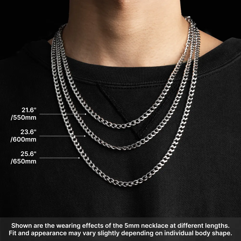 5 mm original-color Cuban chain necklaces showing the fit of 55, 60 and 65 cm lengths