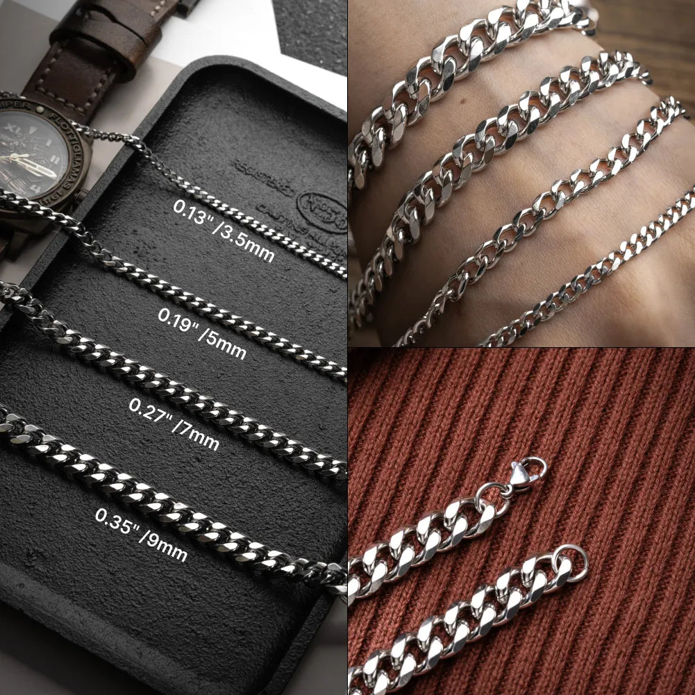 Original-color Cuban chain width comparison: 3.5, 5, 7 and 9 mm, with clasp details