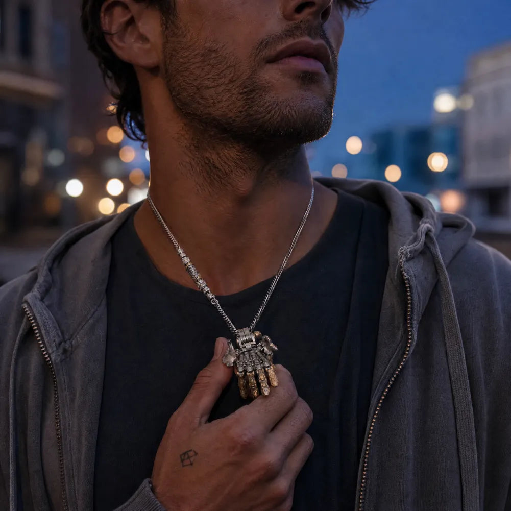 Taoist Mechanical Hand Pendant styled for an evening look