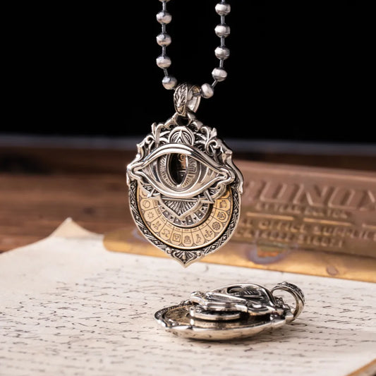 White Bronze and Brass Tarot Vision Pendant on an open tarot book