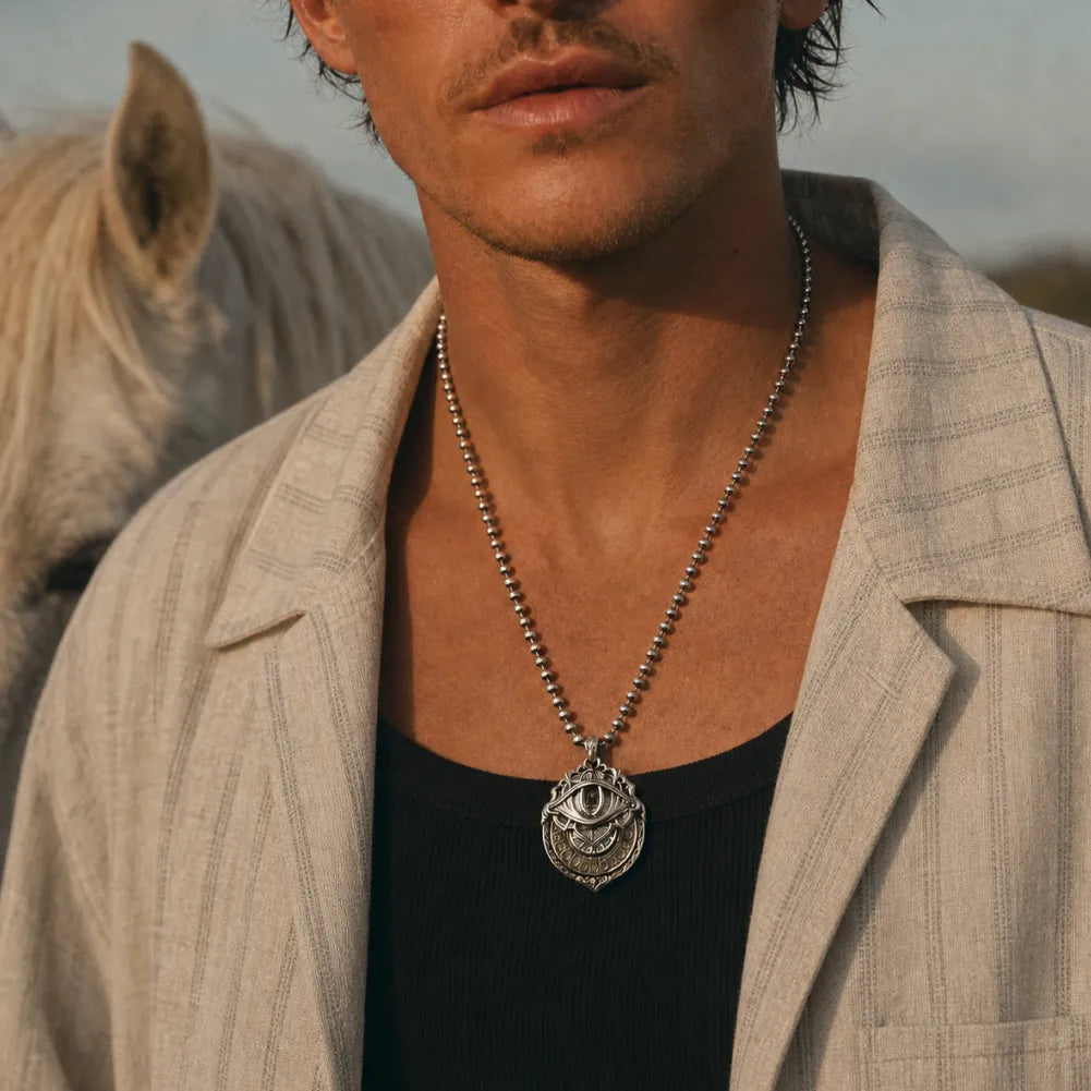 Tarot Vision Pendant worn with a silver ball chain
