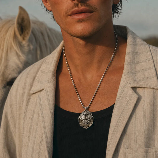 Tarot Vision Pendant worn with a silver ball chain