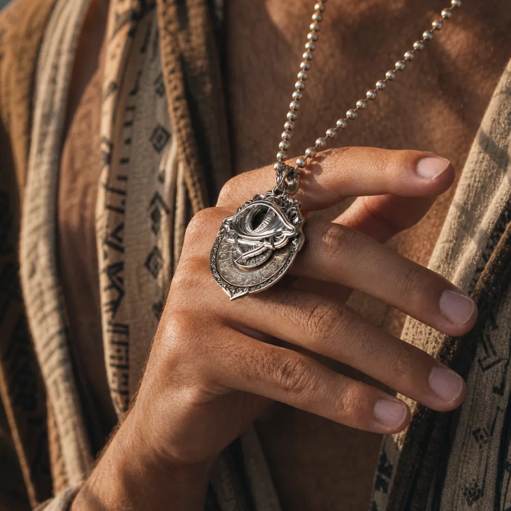 Woman wearing the White Bronze and Brass Tarot Vision Pendant