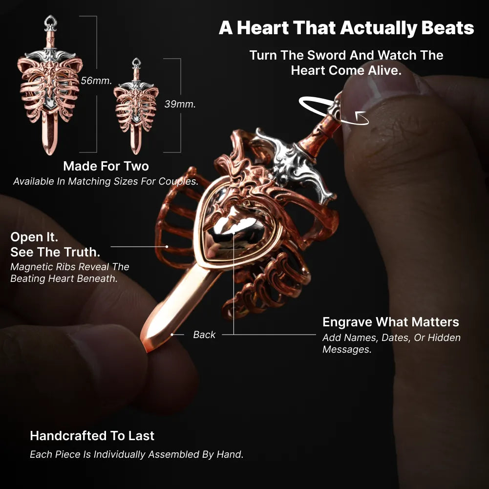 Beating Heart Pendant moving heart mechanism, sword and engraving features