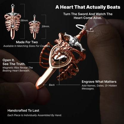 Beating Heart Pendant moving heart mechanism, sword and engraving features