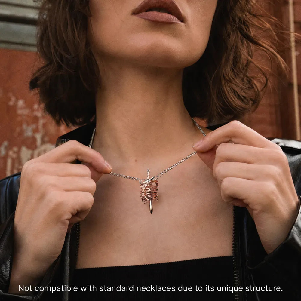 Copper and white bronze Beating Heart Pendant necklace worn by a woman