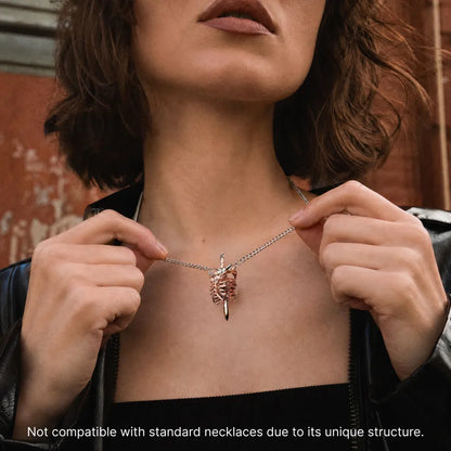 Copper and white bronze Beating Heart Pendant necklace worn by a woman