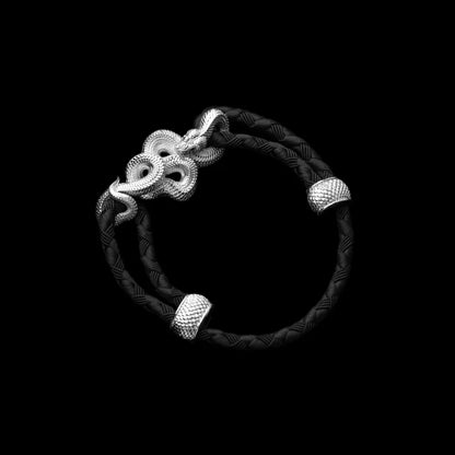 Tree Boa rope bracelet in 18K White Gold Plated White Bronze with 4mm Braided Rope and & Black cord, black-background variant view