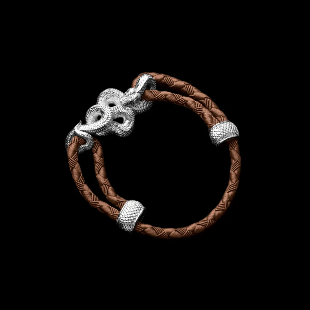 Tree Boa rope bracelet in 18K White Gold Plated White Bronze with 4mm Braided Rope and & Dark Beige cord, black-background variant view