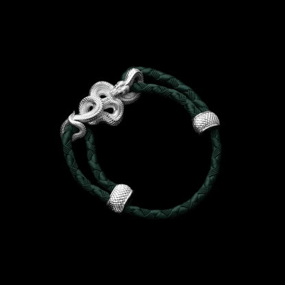 Tree Boa rope bracelet in 18K White Gold Plated White Bronze with 4mm Braided Rope and & Dark Green cord, black-background variant view