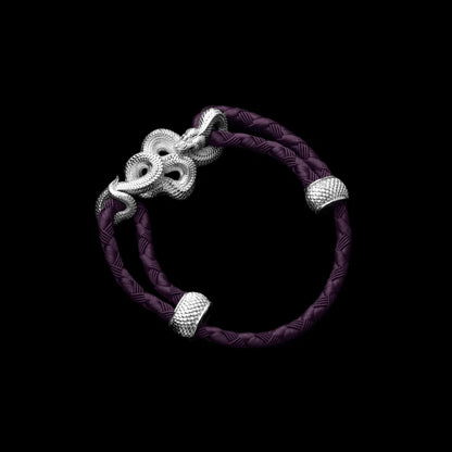 Tree Boa rope bracelet in 18K White Gold Plated White Bronze with 4mm Braided Rope and & Dark Purple cord, black-background variant view