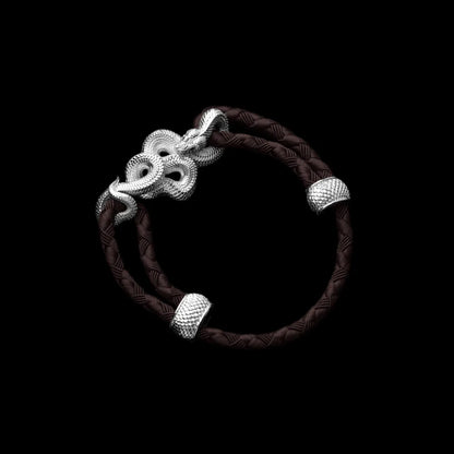 Tree Boa rope bracelet in 18K White Gold Plated White Bronze with 4mm Braided Rope and & Deep Coffee cord, black-background variant view