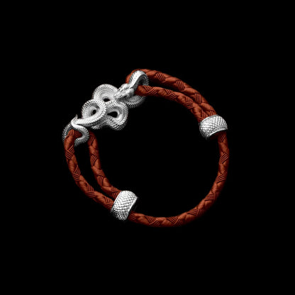 Tree Boa rope bracelet in 18K White Gold Plated White Bronze with 4mm Braided Rope and & Deep Orange cord, black-background variant view