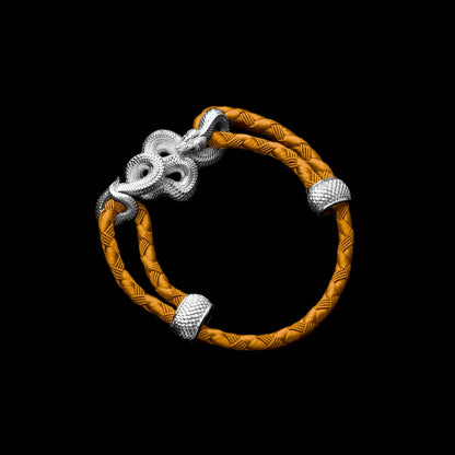 Tree Boa rope bracelet in 18K White Gold Plated White Bronze with 4mm Braided Rope and & Gold cord, black-background variant view