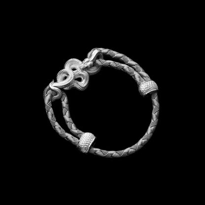 Tree Boa rope bracelet in 18K White Gold Plated White Bronze with 4mm Braided Rope and & Gray cord, black-background variant view