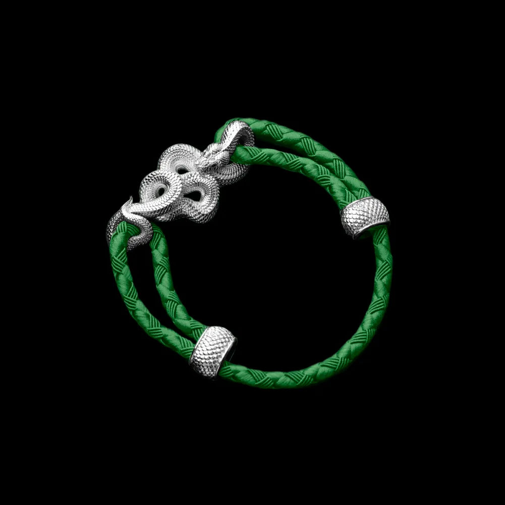 Tree Boa rope bracelet in 18K White Gold Plated White Bronze with 4mm Braided Rope and & Green cord, black-background variant view