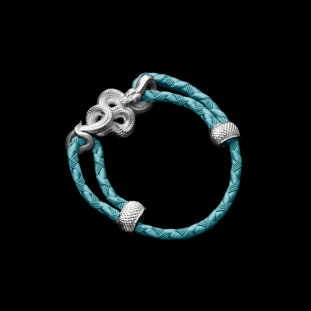 Tree Boa rope bracelet in 18K White Gold Plated White Bronze with 4mm Braided Rope and & Light Blue cord, black-background variant view