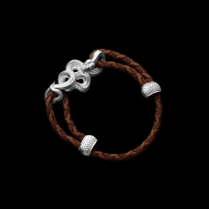 Tree Boa rope bracelet in 18K White Gold Plated White Bronze with 4mm Braided Rope and & Light Brown cord, black-background variant view