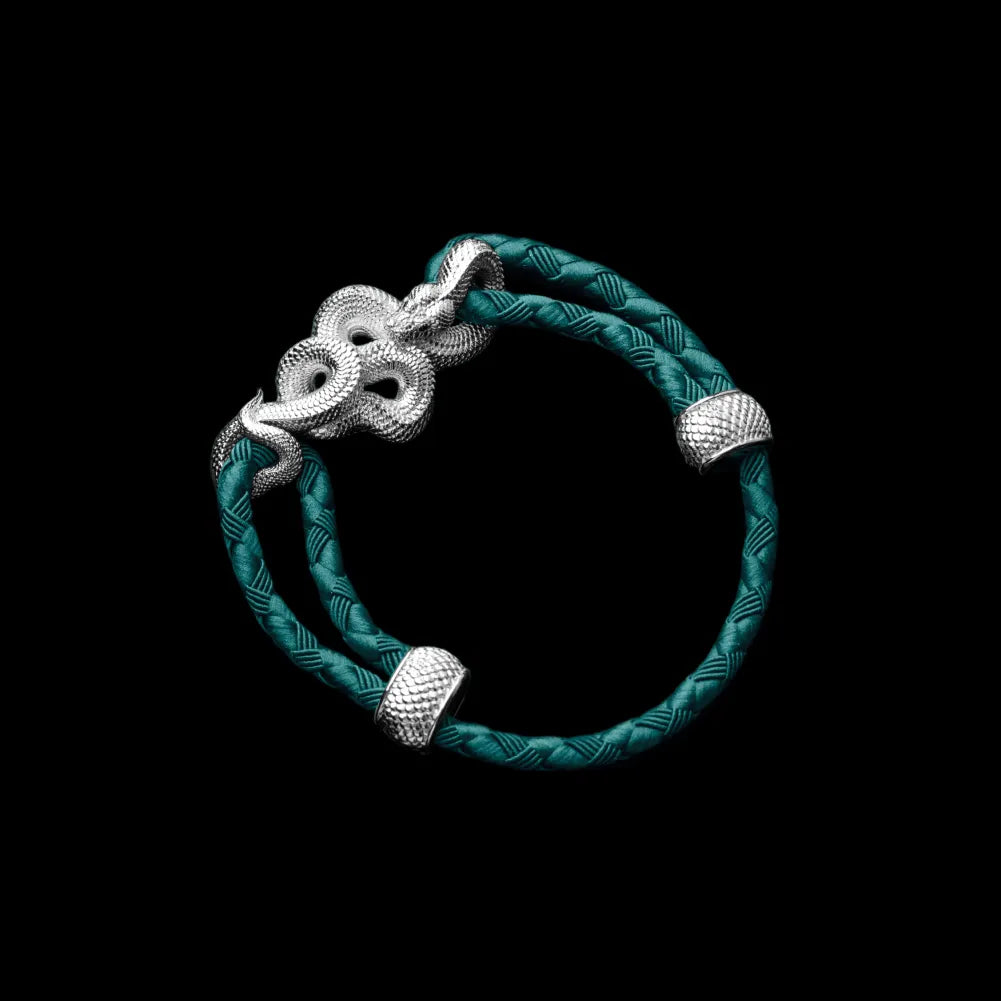 Tree Boa rope bracelet in 18K White Gold Plated White Bronze with 4mm Braided Rope and & Light Ink Green cord, black-background variant view