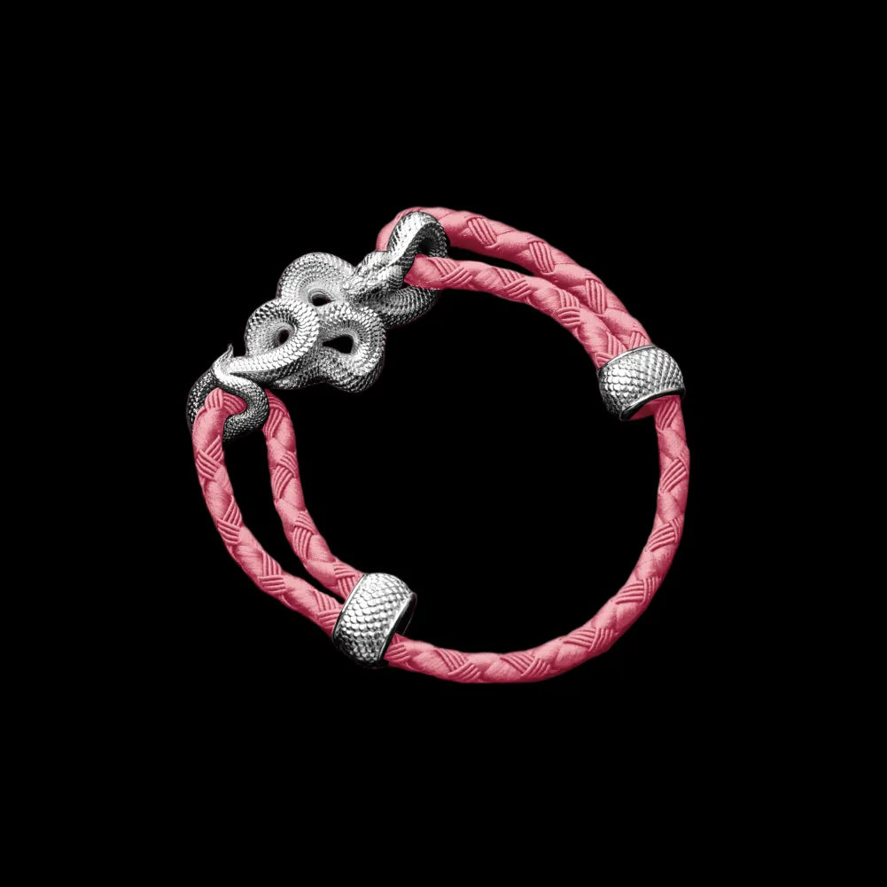 Tree Boa rope bracelet in 18K White Gold Plated White Bronze with 4mm Braided Rope and & Light Pink cord, black-background variant view