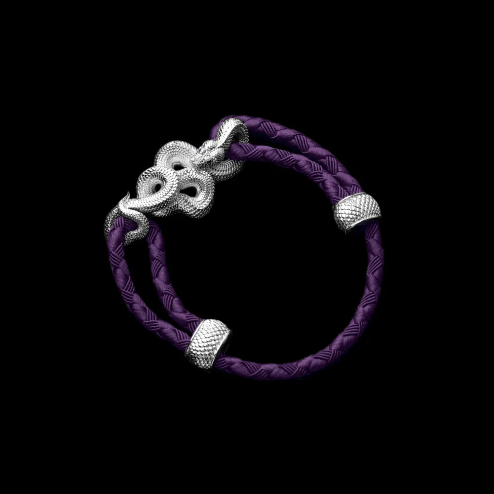 Tree Boa rope bracelet in 18K White Gold Plated White Bronze with 4mm Braided Rope and & Purple cord, black-background variant view