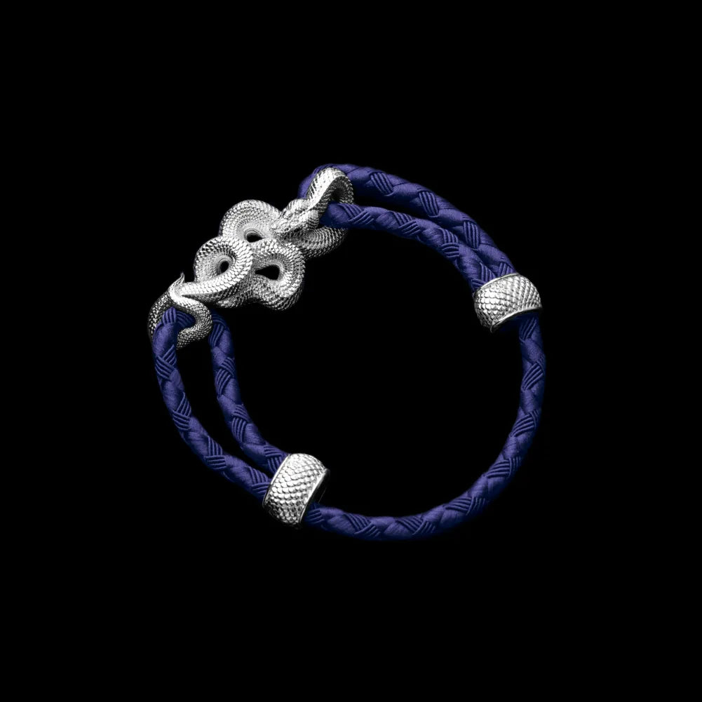 Tree Boa rope bracelet in 18K White Gold Plated White Bronze with 4mm Braided Rope and & Vivid Blue cord, black-background variant view