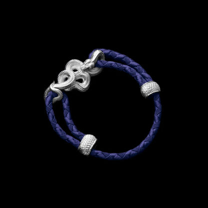 Tree Boa rope bracelet in 18K White Gold Plated White Bronze with 4mm Braided Rope and & Vivid Blue cord, black-background variant view