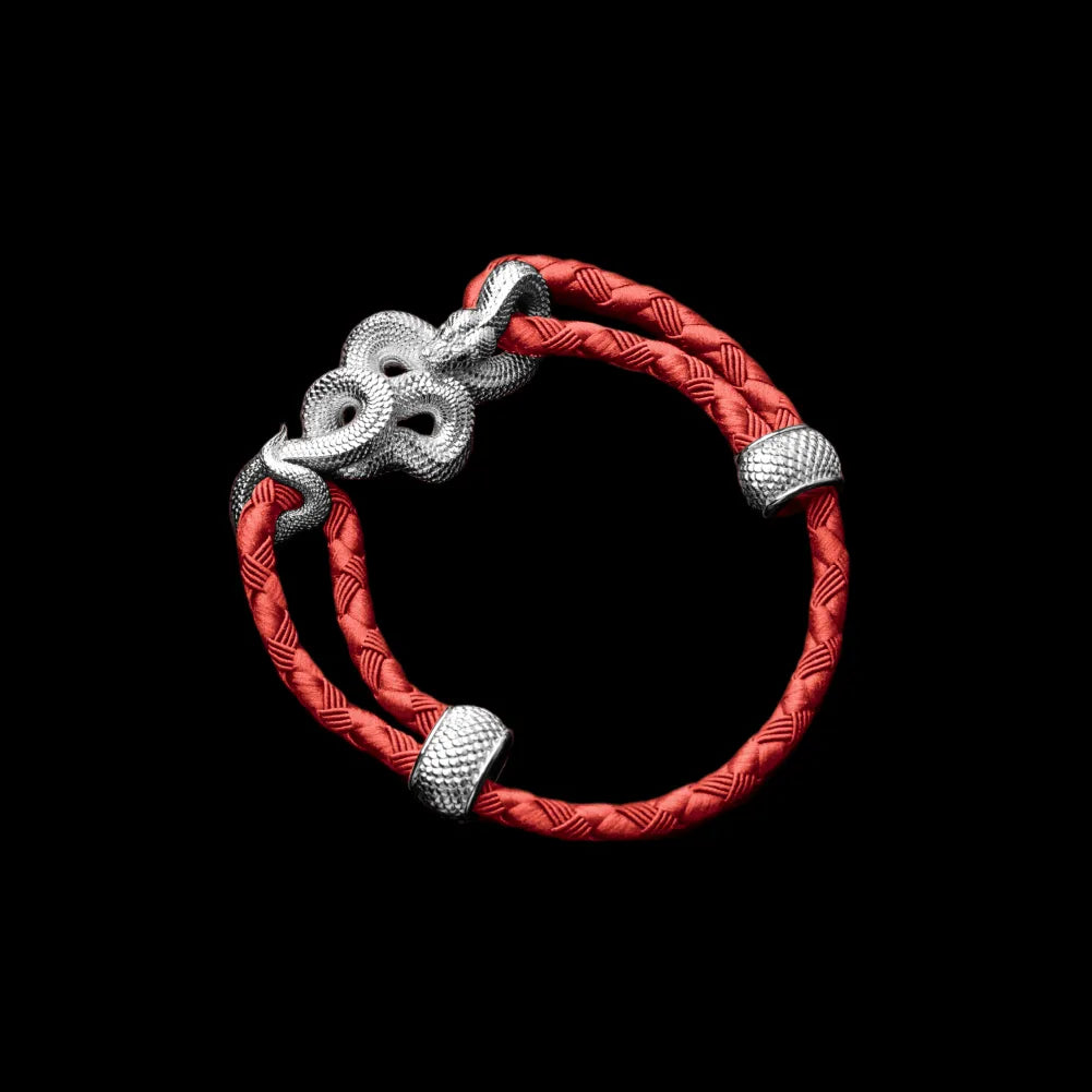 Tree Boa rope bracelet in 18K White Gold Plated White Bronze with 4mm Braided Rope and & Watermelon Red cord, black-background variant view