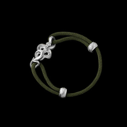 Tree Boa rope bracelet in 18K White Gold Plated White Bronze with 4mm Milan Rope and Army Green cord, black-background variant view