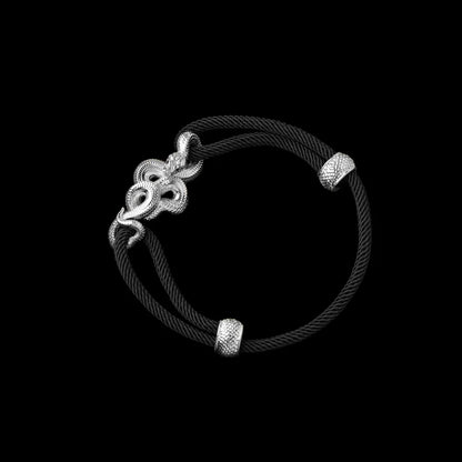 Tree Boa rope bracelet in 18K White Gold Plated White Bronze with 4mm Milan Rope and Black cord, black-background variant view