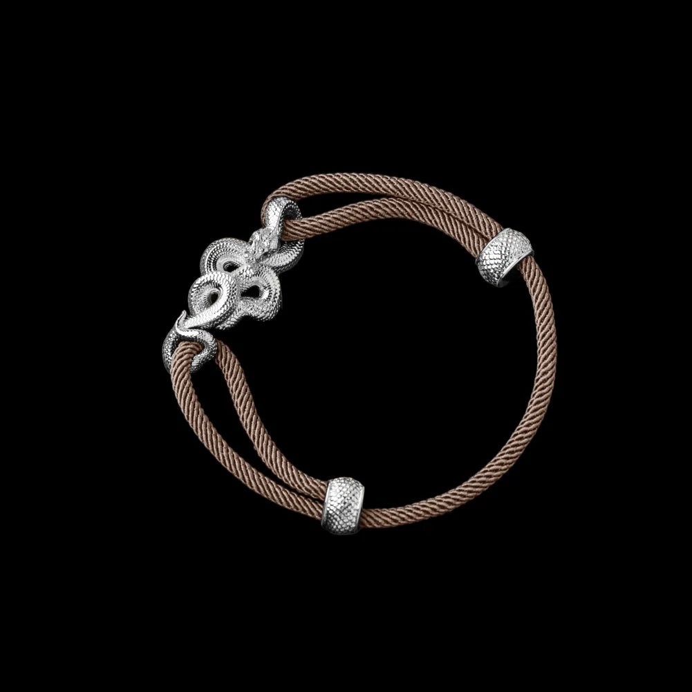Tree Boa rope bracelet in 18K White Gold Plated White Bronze with 4mm Milan Rope and Camel cord, black-background variant view