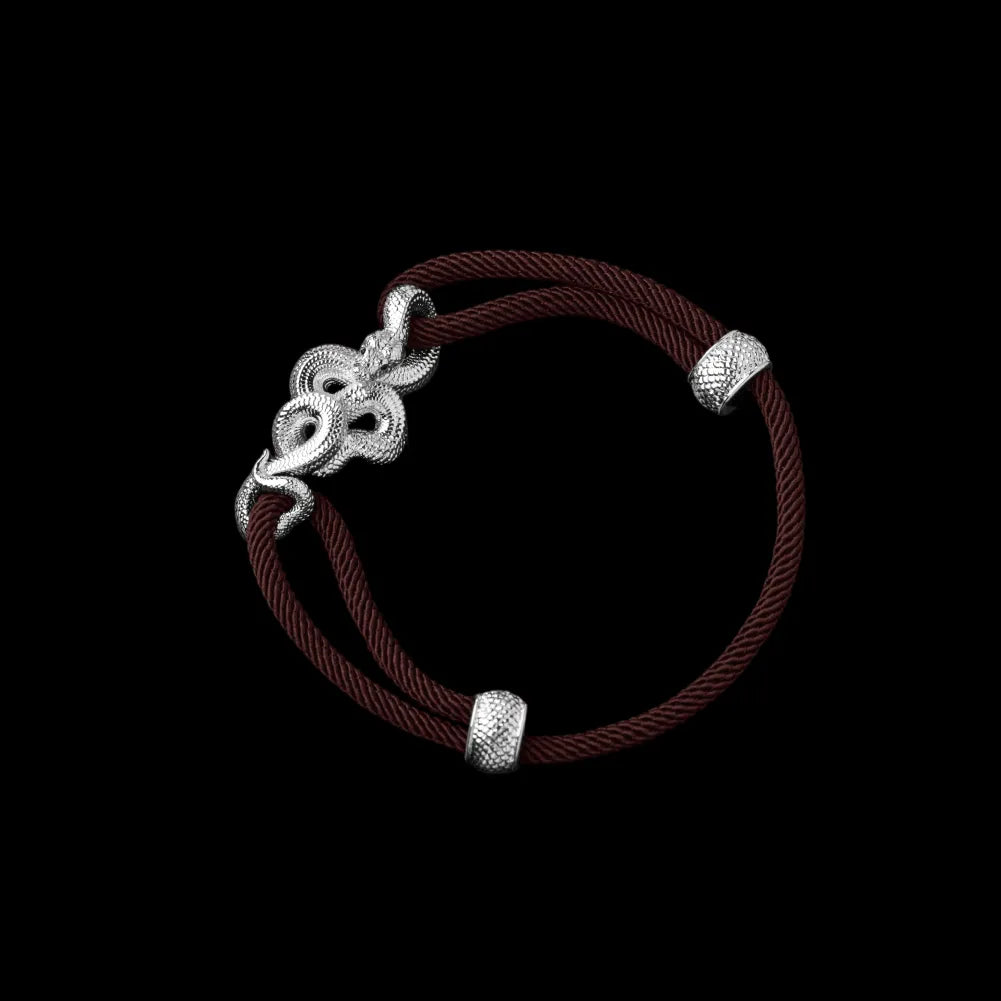 Tree Boa rope bracelet in 18K White Gold Plated White Bronze with 4mm Milan Rope and Coffee cord, black-background variant view