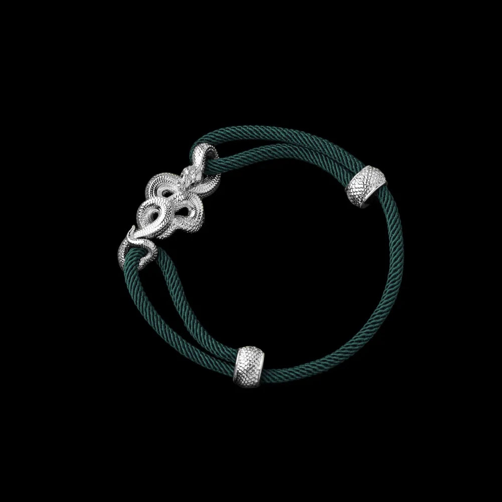 Tree Boa rope bracelet in 18K White Gold Plated White Bronze with 4mm Milan Rope and Dark Green cord, black-background variant view
