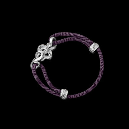 Tree Boa rope bracelet in 18K White Gold Plated White Bronze with 4mm Milan Rope and Dark Purple cord, black-background variant view