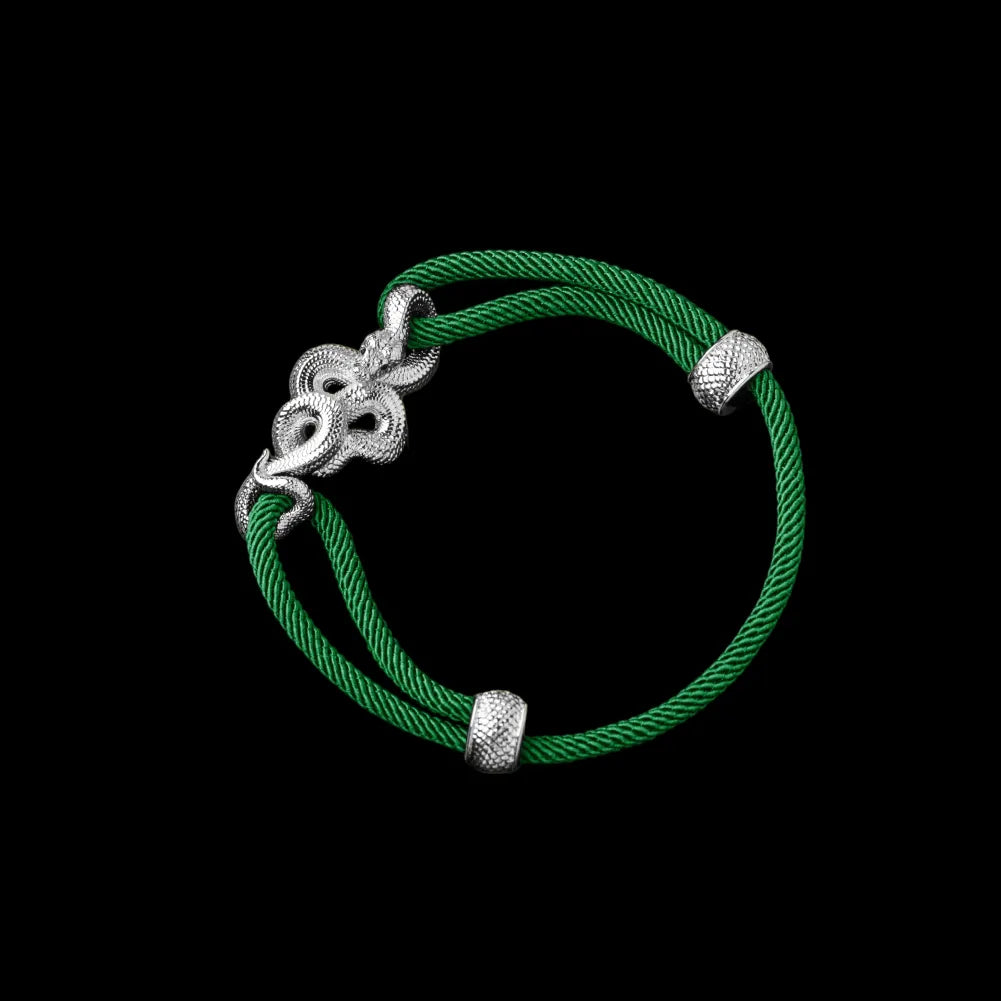 Tree Boa rope bracelet in 18K White Gold Plated White Bronze with 4mm Milan Rope and Green cord, black-background variant view