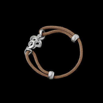 Tree Boa rope bracelet in 18K White Gold Plated White Bronze with 4mm Milan Rope and Light Khaki cord, black-background variant view