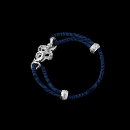 Tree Boa rope bracelet in 18K White Gold Plated White Bronze with 4mm Milan Rope and Navy Blue cord, black-background variant view