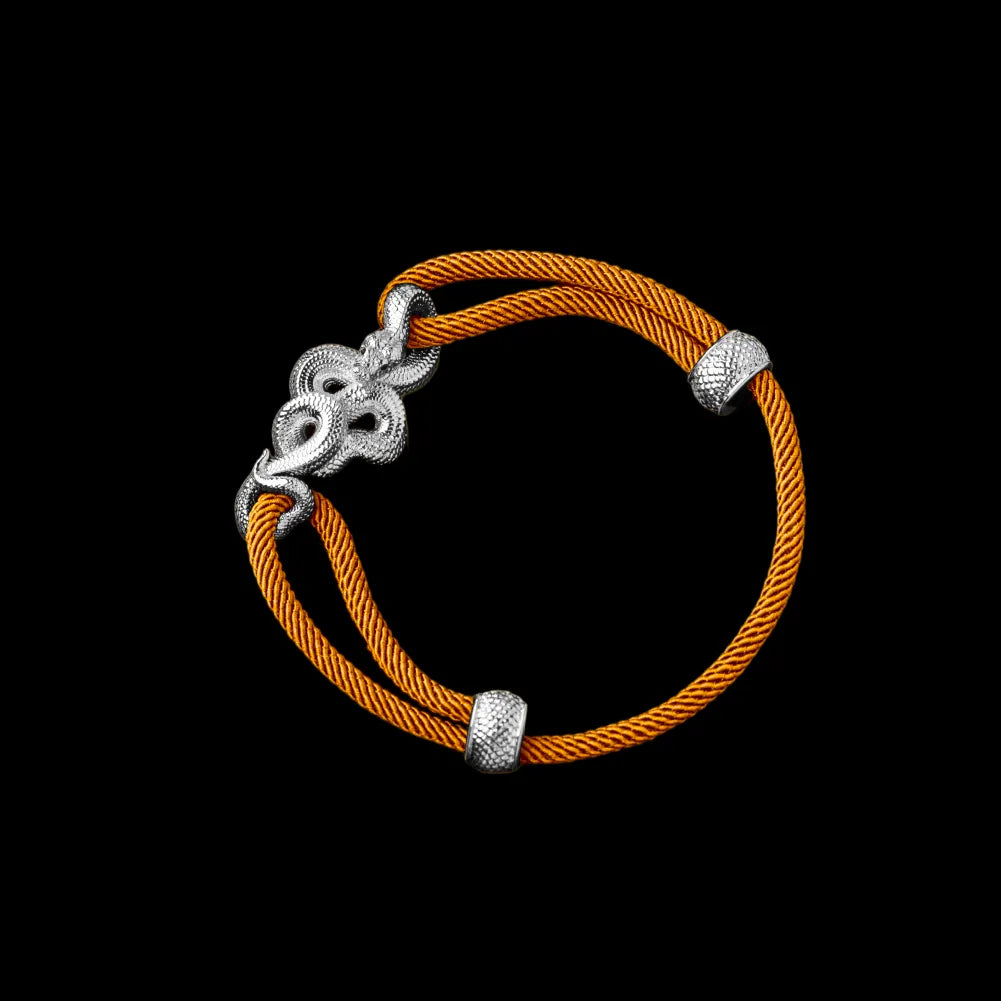 Tree Boa rope bracelet in 18K White Gold Plated White Bronze with 4mm Milan Rope and Ochre cord, black-background variant view