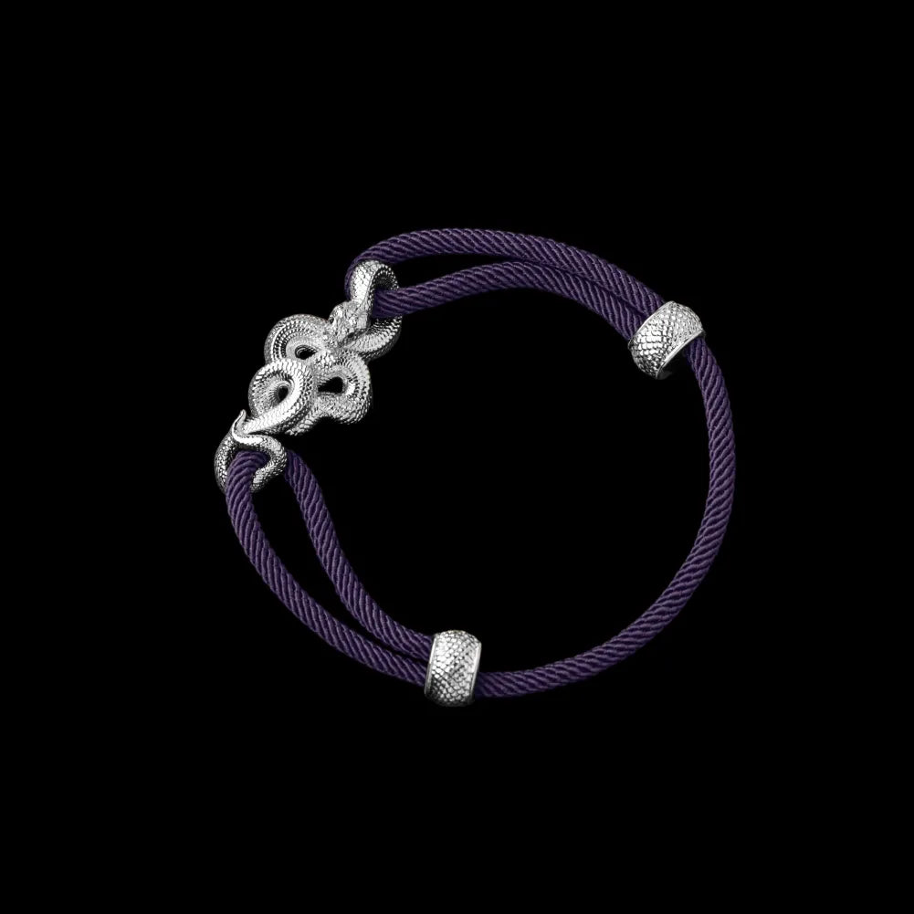 Tree Boa rope bracelet in 18K White Gold Plated White Bronze with 4mm Milan Rope and Purple cord, black-background variant view