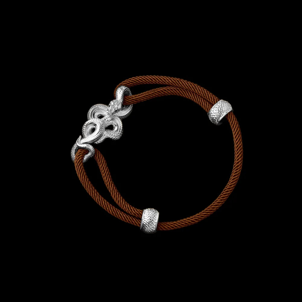 Tree Boa rope bracelet in 18K White Gold Plated White Bronze with 4mm Milan Rope and Reddish Brown cord, black-background variant view
