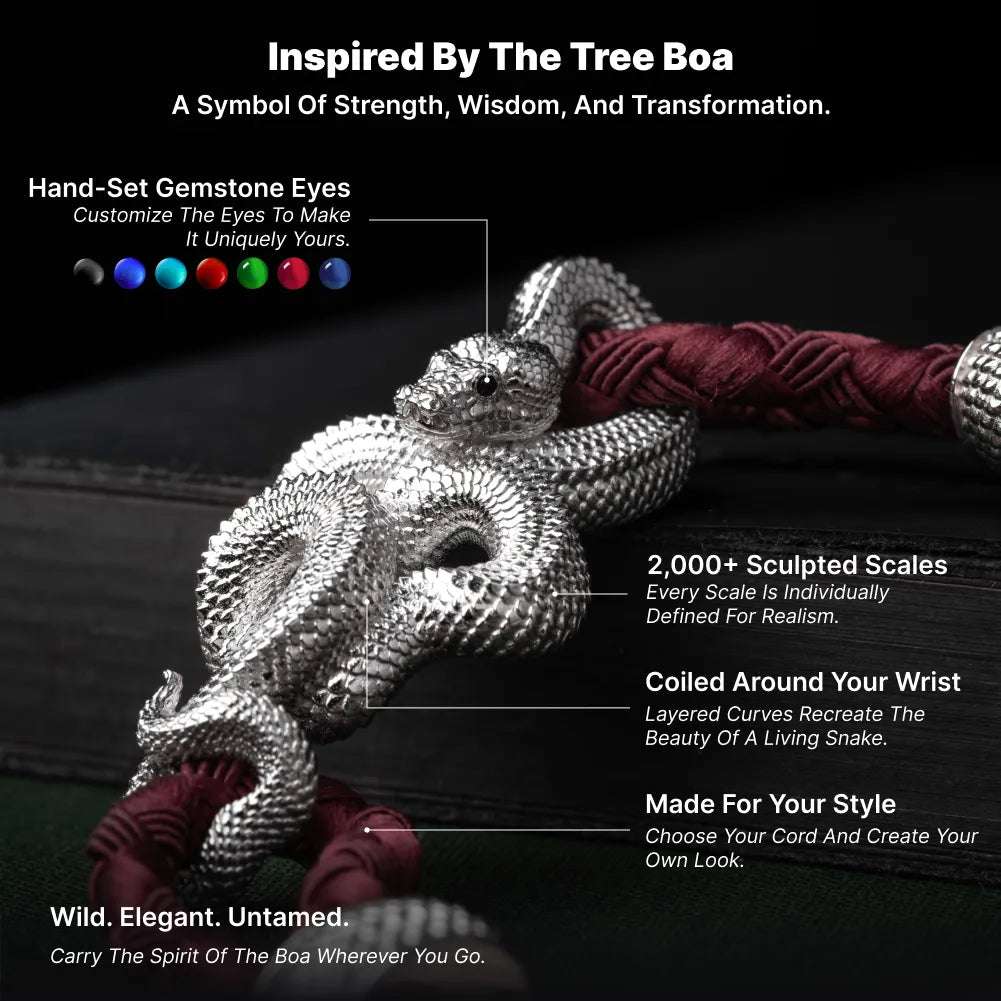 Tree Boa Rope Bracelet in 18K White Gold Plated White Bronze, design features, sculpted scales and cord color choices shown in an infographic.