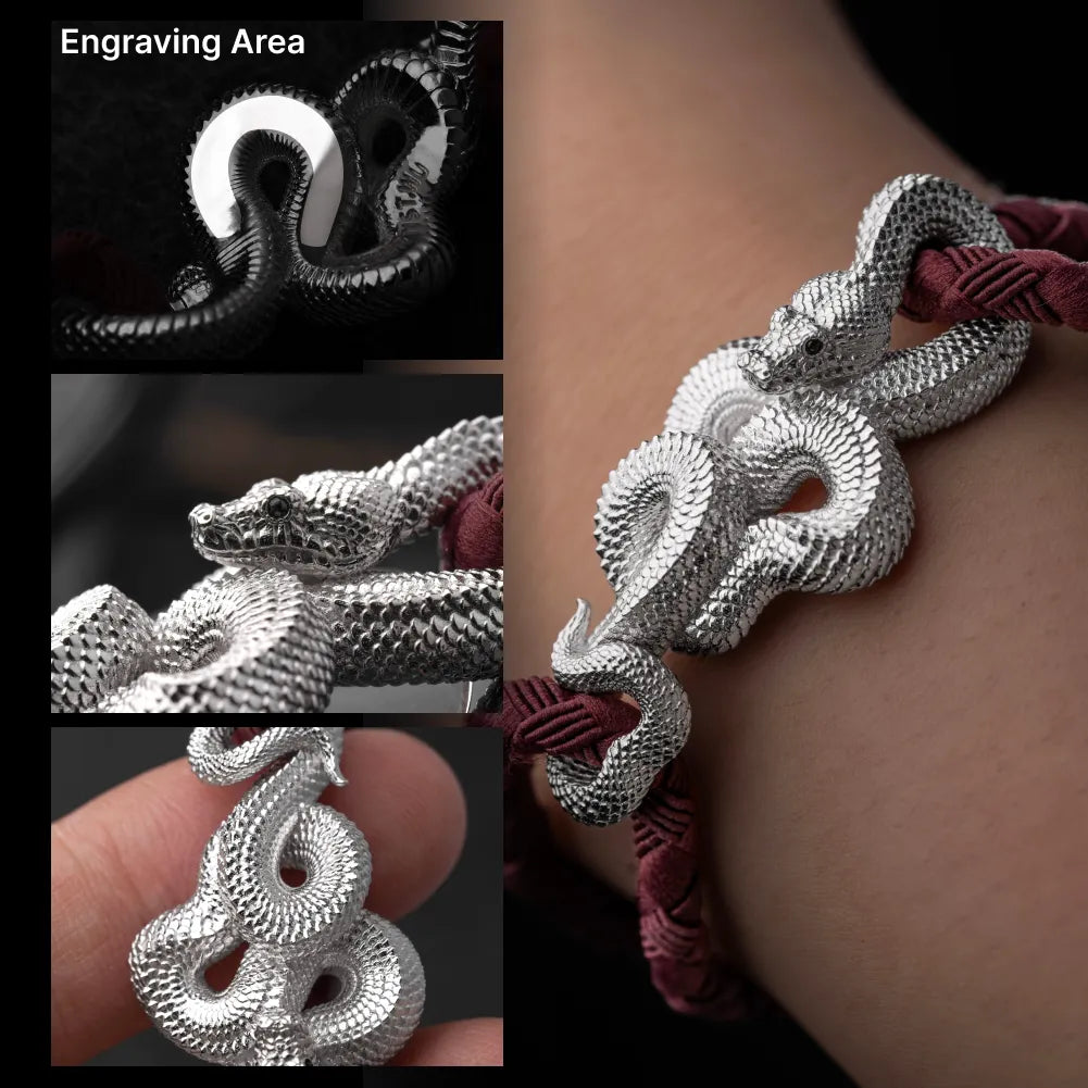 Tree Boa Rope Bracelet in 18K White Gold Plated White Bronze, sculpted scales and engraving areas shown in a detail collage.