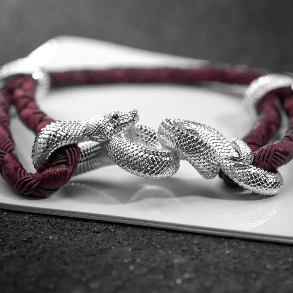 Tree Boa Rope Bracelet in 18K White Gold Plated White Bronze, snake clasp and rope construction shown in a close-up product view.