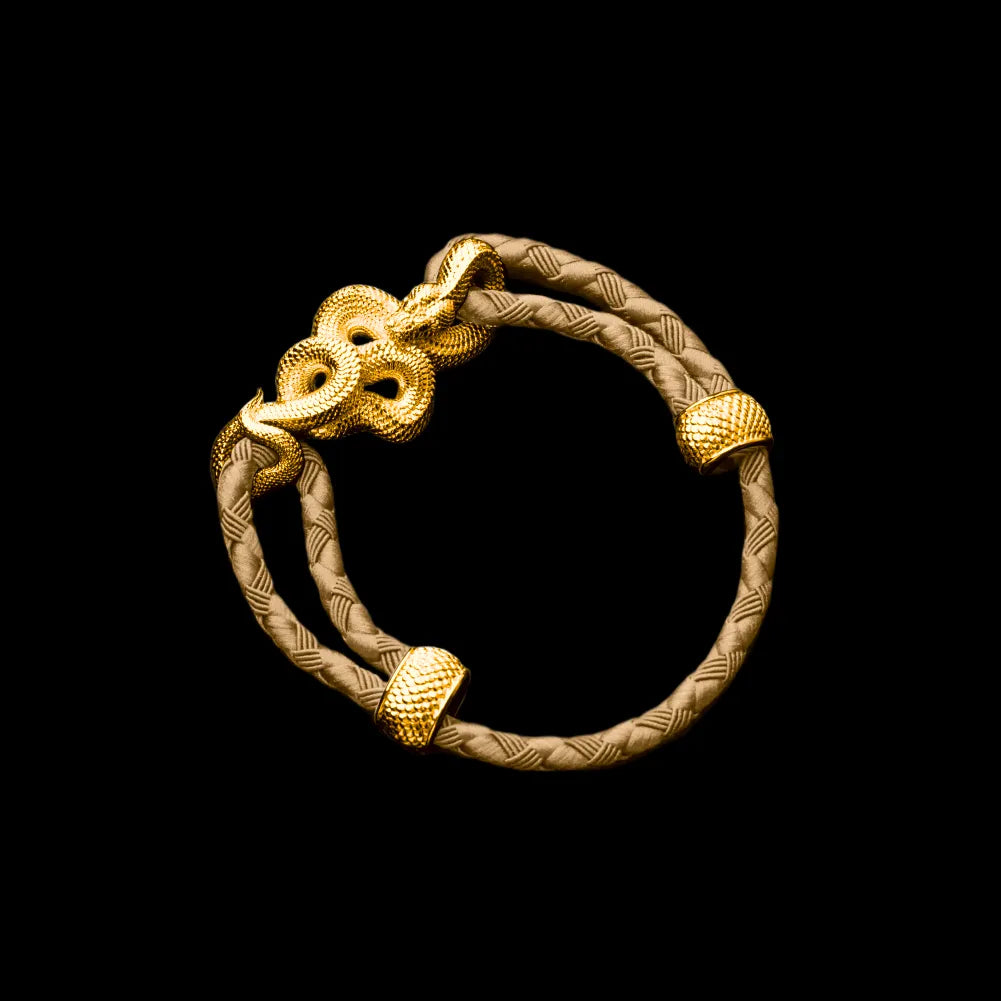 Tree Boa rope bracelet in 24K Gold Plated Brass with 4mm Braided Rope and & Beige cord, black-background variant view