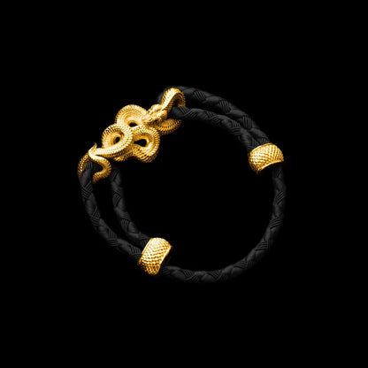 Tree Boa rope bracelet in 24K Gold Plated Brass with 4mm Braided Rope and & Black cord, black-background variant view