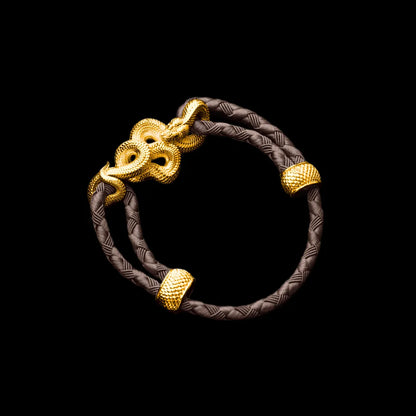 Tree Boa rope bracelet in 24K Gold Plated Brass with 4mm Braided Rope and & Dark Brown cord, black-background variant view